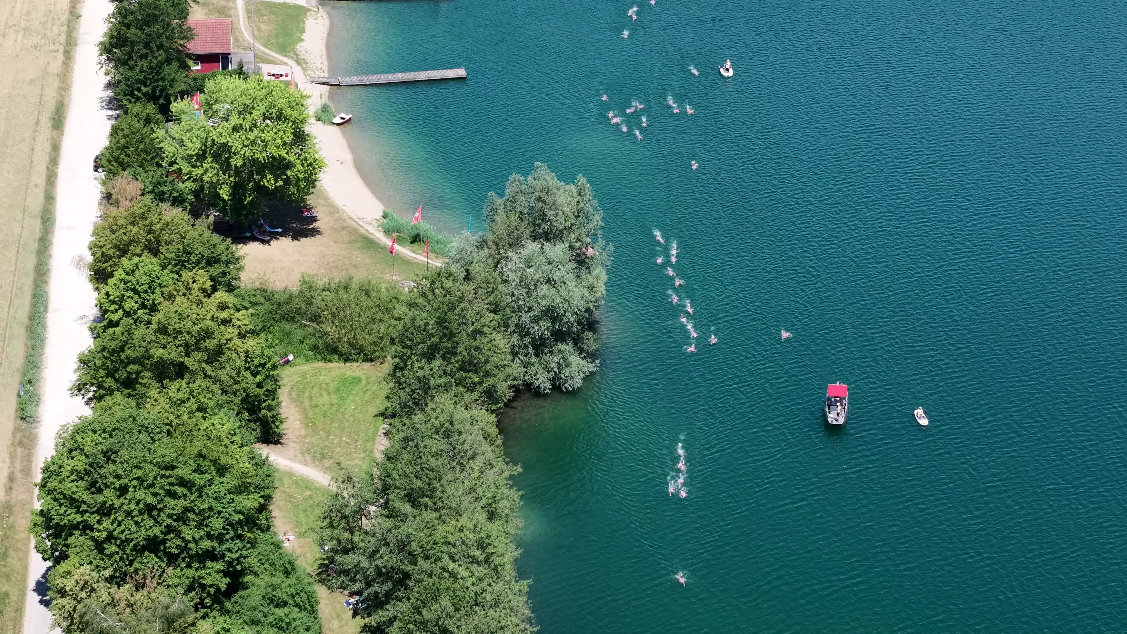 Das Feld hat sich auseinandergezogen: eine lange Kette Schwimmerinnen mit rosa Badekappen zieht am bewaldeten Ufer entlang, dazwischen Begleitboote auf dem Wasser.